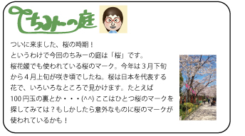 ちみーの庭　ついに来ました、桜の時期！というわけで今回のちみーの庭は「桜」です。桜花媛でも使われている桜のマーク。桜は日本を代表する花で、いろいろなところで見かけます。たとえば100円玉の裏とか・・・(^^)ここはひとつ桜のマークを探してみては？もしかしたら意外なものに桜のマークが使われているかも！