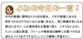 日中の乾燥に便利なミスト状化粧水。ですが表面に水分を吹きつけるだけでは十分には潤いません。特に乾燥が気になる部分にはクリームか美容液を少量指に取り、こすらないようにトントンと重ね保湿。クリームや美容液は綿棒に少量つければ崩れたメイクをオフするクレンジング綿棒に早変わり！