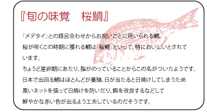 『旬の味覚　桜鯛』「メデタイ」との語呂合わせからお祝いごとに用いられる鯛。桜が咲くこの時期に獲れる鯛は「桜鯛」といって、特においしいとされています。ちょうど産卵期にあたり、脂がのっていることからこの名がついたようです。日本で出回る鯛はほとんどが養殖。日が当たると日焼けしてしまうため黒いネットを張って日焼けを防いだり、餌を改良するなどして鮮やかな赤い色が出るよう工夫しているのだそうです。