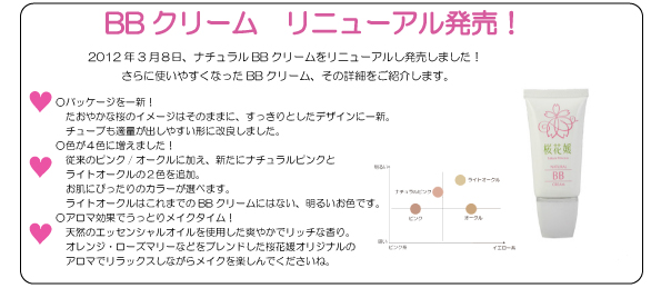 BBクリームリニューアル発売！　2012年3月8日、ナチュラルBBクリームをリニューアルし発売思案した。さらに使いやすくなったBBクリーム、その詳細をご紹介します。　○パッケージを一新！たおやかな桜のイメージはそのままに、すっきりとしたデザインに一新。チューブも適量が出しやすい形に改良しました。○色が４色に増えました！従来のピンク/オークルに加え、新たにナチュラルピンクとライトオークルの２色を追加。お肌にぴったりのカラーが選べます。ライトオークルはこれまでのBBクリームにはない、明るいお色です。○アロマ効果でうっとりメイクタイム！天然のエッセンシャルオイルを使用した爽やかでリッチな香り。オレンジ・ローズマリーなどをブレンドした桜花媛オリジナルのアロマでリラックスしながらメイクを楽しんでくださいね。