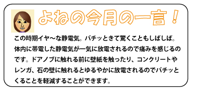 よねの今月のひと言　この時期イヤ～な静電気。バチッときて驚くこともしばしば。体内に帯電した静電気が一気に放電されるので痛みを感じるのです。ドアノブに触れる前に壁紙を触ったり、コンクリートやレンガ、石の壁に触れるとゆるやかに放電されるのでバチッとくることを軽減することができます。