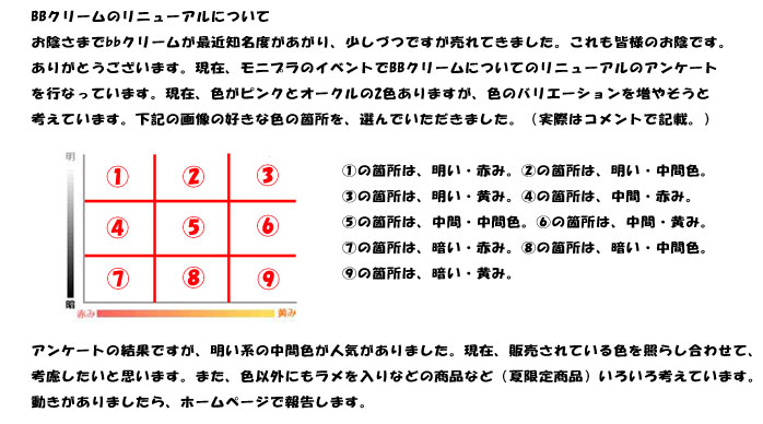 BBクリームのリニューアルについて
お陰さまでbbクリームが最近知名度があがり、少しづつですが売れてきました。これも皆様のお陰です。
ありがとうございます。現在、モニプラのイベントでBBクリームについてのリニューアルのアンケート
を行なっています。現在、色がピンクとオークルの2色ありますが、色のバリエーションを増やそうと
考えています。下記の画像の好きな色の箇所を、選んでいただきました。（実際はコメントで記載。）
アンケートの結果ですが、明い系の中間色が人気がありました。現在、販売されている色を照らし合わせて、
考慮したいと思います。また、色以外にもラメを入りなどの商品など（夏限定商品）いろいろ考えています。
動きがありましたら、ホームページで報告します。