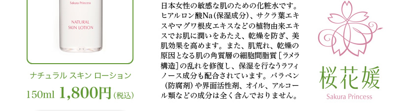 ナチュラルスキンローション　150ml 1,800円（税込）　敏感な日本女性の肌のための化粧水です。ヒアルロン酸Na（保湿成分）、サクラ葉エキスやマグワ根皮エキスなどの植物由来エキスでお肌にうるおいをあたえ、乾燥を防ぎ、美肌効果を高めます。また、肌荒れ、乾燥の原因となる肌の角質層の細胞間脂質［ラメラ構造］の乱れを修復し、保湿を行なうラフィノース成分も配合されています。パラベン（防腐剤）や界面活性剤、オイル、アルコール類を全く含みません。